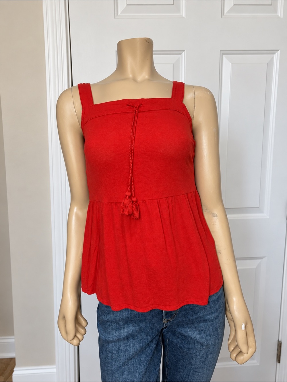 Banana Republic Red Peplum Tank Top XS Tassel Tie Square Neck